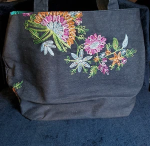 Embroidered Beaded Purse Tote Floral Denim Bueno Collection Satin Pockets NWOT - Picture 1 of 17