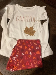 RAE DUNN Heart Pant Set ‘Grateful’ Girls Size 4 Long Sleeve Ruffle - Picture 1 of 5