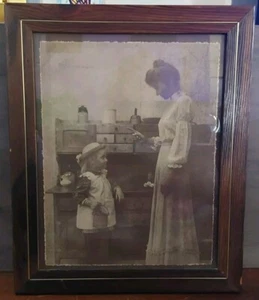 Vintage R. Hendrickson Mother and Child Kitchen Cooking Sepia Print 16.5x13.5 - Picture 1 of 5