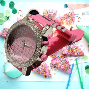 Women's Big Face Watch Silver tone CZ Pink Iced club watch techno pave band - Picture 1 of 5