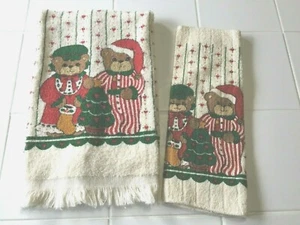 Vtg Cannon Christmas Fringed Hand Towel + Washcloth Teddy Bears In Pajamas - Picture 1 of 9