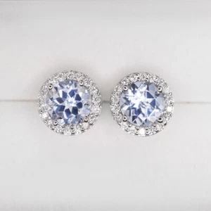 PENDIENTES DE DIAMANTES AGUAMARINA NATURAL CORTE REDONDO ORO BLANCO 14k HALO AZUL - Imagen 1 de 2