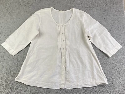 Eileen Fisher Shirt Large White Smocked Button Up Coastal Organic Linen EXC - image 1 of 4