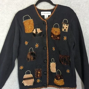 Victoria Harbour Womens M Cardigan Sweater Black Purses Fur Applique Beaded - Picture 1 of 8
