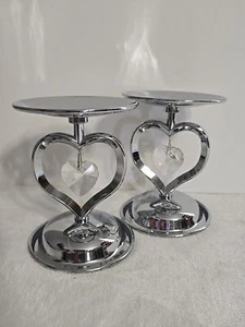 2 Metal Set Silver Votive Pillar Candle Stick Holders Dangling Crystal Heart - Picture 1 of 9