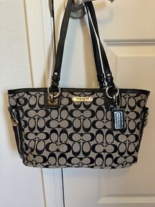 Coach Black Gray Signature F19249 Side Zippers Gallery Tote Shoulder Bag