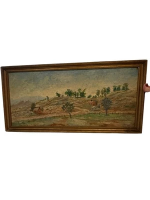 Pintura al óleo vintage de paisaje rural enmarcada 23,5" x 11" principios del siglo XX Foto 1 de 4