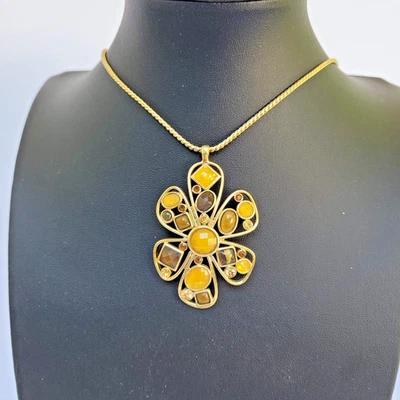 Collar colgante de flor de cabujón de vidrio marrón ámbar amarillo cadena de 24" para dama Foto 1 de 4