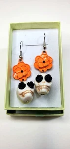 Gothic Dia de los Muertos Totenkopf Ohrringe Orange Ringelblume Blumen Hänger Boho - Bild 1 von 8