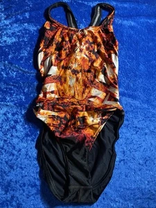 Vintage 90s Y2K Speedo Swimsuit Orange Black Abstract Size 28 Girls - Picture 1 of 10