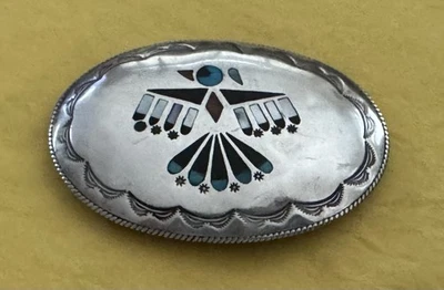 Vintage Signed BB Sterling Silver & Gems Native American Thunderbird Belt Buckle - Image 1 of 4