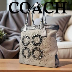COACH Bejeweled Tote Bag White Silver Canvas Leather Women's USED FROM JAPAN - Picture 1 of 14