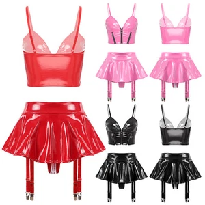 UK 2Pcs Women Glossy Patent Leather Sling Vest with Miniskirt Lingerie Costume  - Picture 1 of 27