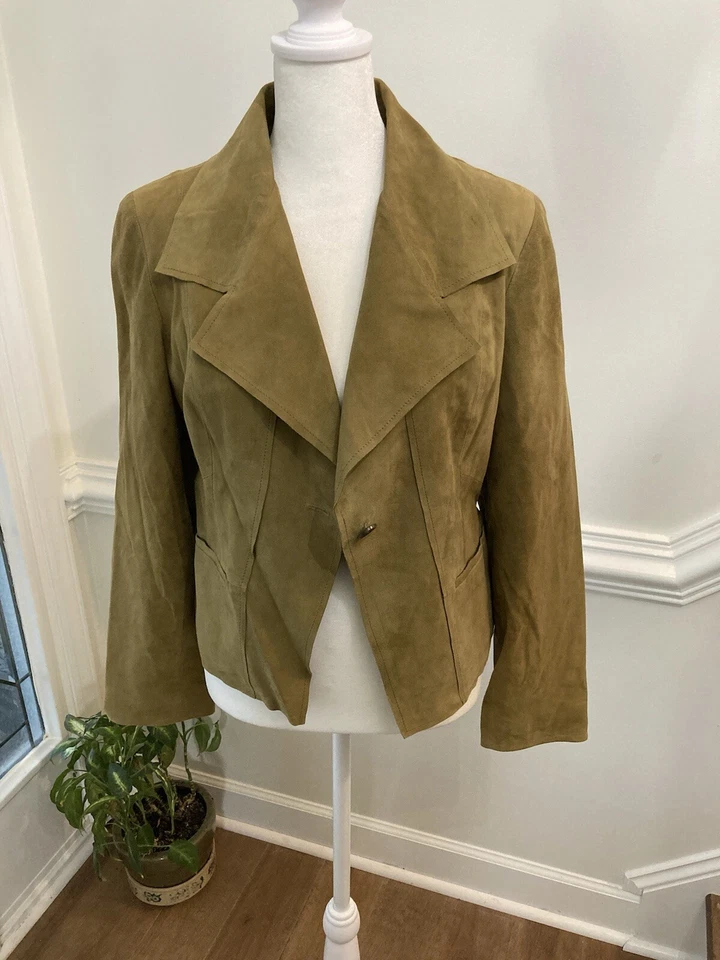 Chaqueta de cuero vintage Jones New York tostado/verde, para mujer, talla pequeña mediana Foto 1 de 4