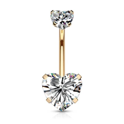 Double Heart CZ Surgical Steel Prong Set 14GA Navel Belly Ring Rose Gold / Clear - Image 1 of 4