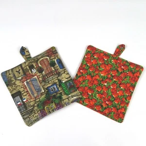NEW- Set of 2  Provencal potholders Poppy Field and French windows - Picture 1 of 3