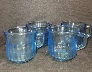 Vtg Blue Azure Glass Forte Crisa Fortecris Mexico Ribbed 8oz Mugs S/4