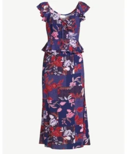 Sofia Vergara Damen Gr. M lila Blumen Midikleid Rüschen Flatterärmel Boho - Bild 1 von 4