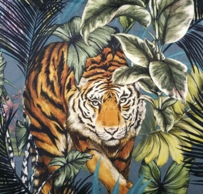 Prestigious Bengal Tiger Digitally Printed Velvet Fabric Teal Twilight