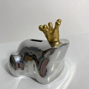 Coin Bank Silver Color Frog With Gold Crown By Lunares 4” x 3” x 2” Metal - Picture 1 of 7