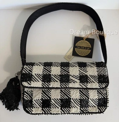 Bolso de mano con cuentas blanco y negro a cuadros con dije de cisne hecho a mano en la India nuevo con etiquetas Foto 1 de 4