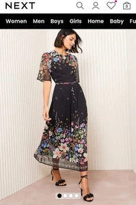 Long Black Chiffon Dress With Flowers From Next (Short Sleeve, Size 12) - Picture 1 of 6