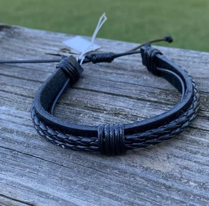 Adj. imitación cuero negro pulsera pulsera pulsera trenzado capas detalle unisex - Imagen 1 de 8