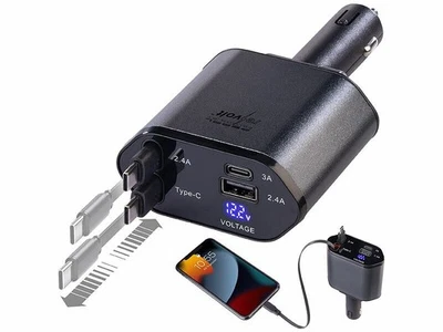 4in1 Kfz USB Ladegerät 66W, 2 ausziehbare USB-C Kabel, USB-C & USB-A - Bild 1 von 4