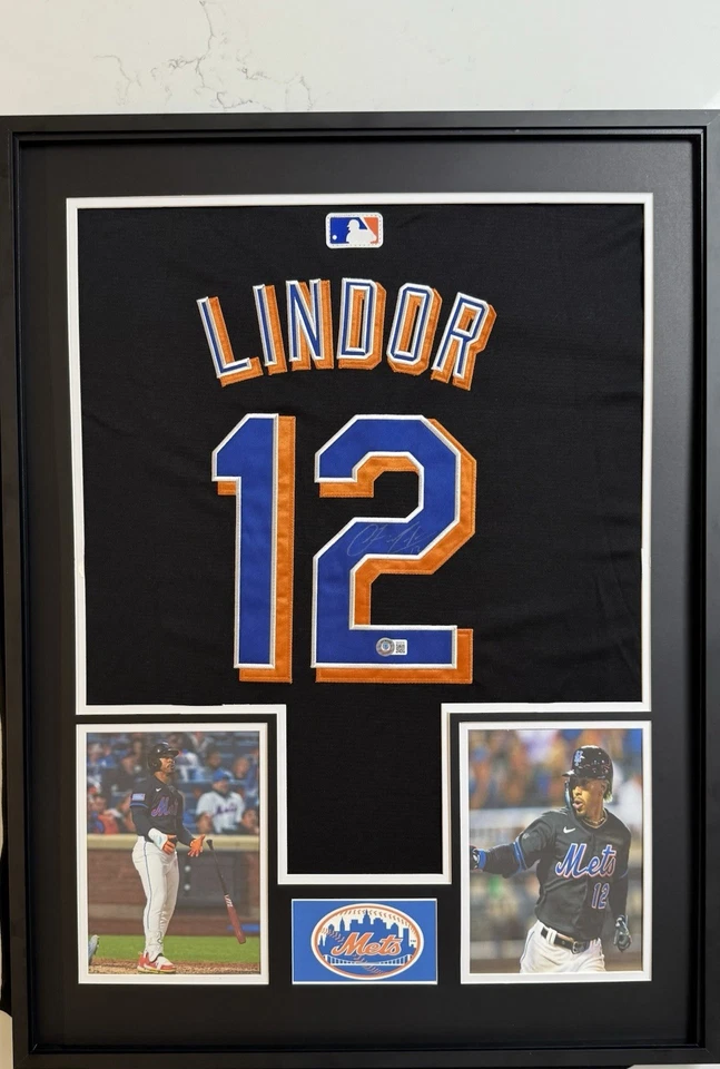 Camiseta Beckett firmada/enmarcada por Francisco Lindor de los Mets de Nueva York certificado de autenticidad Foto 1 de 4