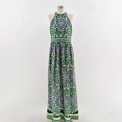 Maxi Vestido Jessica Howard Floral Damasco Halter Talla 10 Verde Boho Sin Mangas Foto 1 de 4
