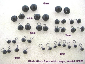 18 PAAR schwarze Glasaugen mit Drahtschlaufen verschiedene Größen 3 mm bis 8 mm Aufnähen LP-201 - Bild 1 von 4