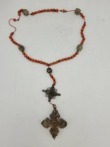 Antico rosario con corallo e argento filigrana, antico - Foto 1 di 6