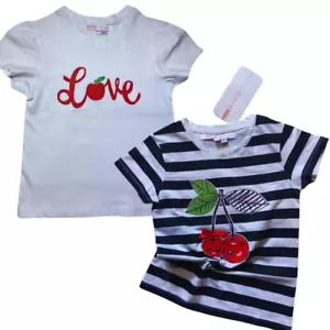 Girls T-Shirts 100% Cotton Short Sleeves white/Stripped Cherry Tee Top 3-7 years - Picture 1 of 13