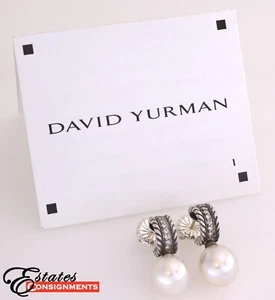 Pendientes tipo argolla David Yurman de plata esterlina y oro con cable de diamantes y perlas cultivadas - Imagen 1 de 13