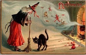 Antigua postal de Halloween Tuck bruja diablo gato negro coleccionable #158 Jo5 - Imagen 1 de 2