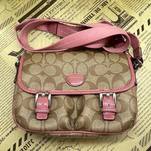 COACH Sacoche Shoulder Bag Signature Brown Canvas Leather Pink Piping Authentic - Picture 1 of 14