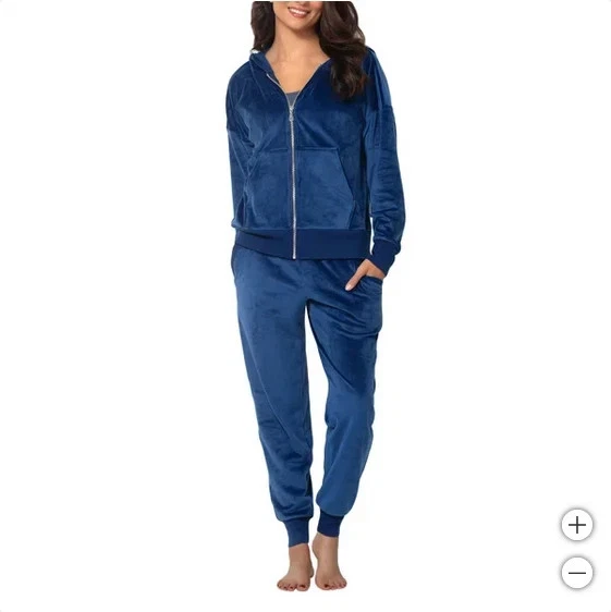 Felina Womens Hoodie Jogger Blue 2-Piece Velour Tracksuit Soft Relaxed Fit M