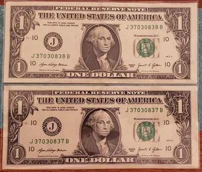 Fancy Serial Numbers 37030837 and 37030838--2-$1.00 Bills   2021 - Image 1 of 4
