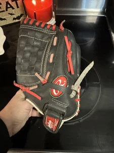 Guante de béisbol juvenil Rawlings PL110SB 11” negro rojo derecho usado rasgado - Imagen 1 de 8