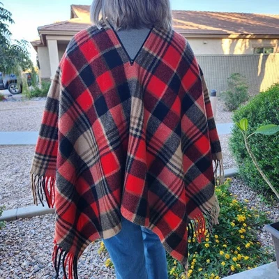 Poncho de lana Pendleton Knockabout de colección para mujer capa tostado negro rojo flecos cremallera tartán Foto 1 de 4