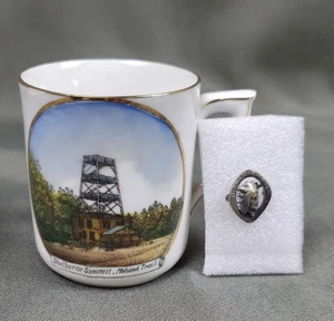 Antique 1920s Mohawk Trail Souvenirs Shelburne Summit Porc Cup & Lapel Hat Pin - Picture 1 of 21