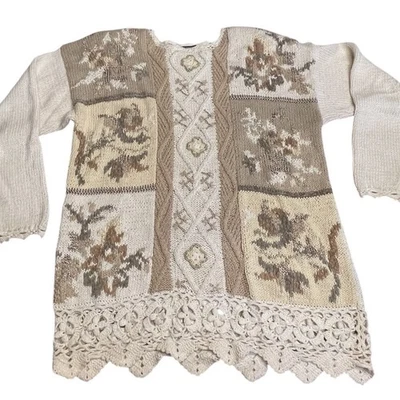 Suéter tejido vintage floral con retazos de ganchillo para mujer grande casa abuela Foto 1 de 4