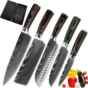 5 Pcs Kitchen Knives Set Japanese Damascus Pattern Stainless Steel Chef Gift Box - Picture 1 of 12