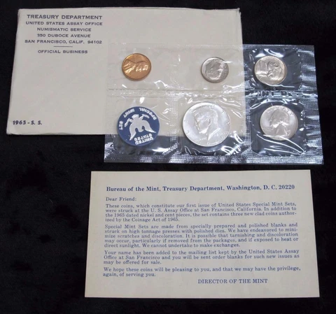 1965 Special Mint Set * 5 coins * 40% Silver Kennedy Half * Cover