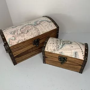 2 Olde World Keepsake Boxes Heritage Mint Wooden Trinket Box Maps on Top - Picture 1 of 17