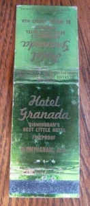 BIRMINGHAM, ALABAMA MATCHBOOK COVER: HOTEL GRENADA (AL WHITE) 1950s MATCHCOVER E - Picture 1 of 2