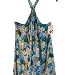 Juniors Halter floral hippie retro Neck Swing Mini Dress large new adjustable  - Picture 1 of 9