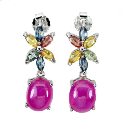 925 Sterling Silver Oval Ruby 10x8mm Sapphire Multi Color Earrings - Image 1 of 4