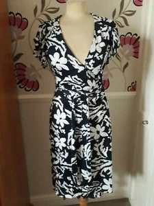 COAST NAVY BLUE AND WHITE FLORAL STRETCH CALF LENGTH WRAP DRESS SIZE S BUST 36" - Picture 1 of 5