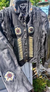 McClintock Heritage Jacket Womens Large Black Leather Fringe Bone Beaded Biker - Picture 1 of 8